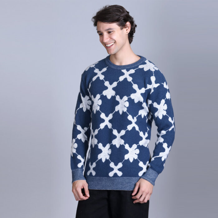 Blue White Woolen Round Neck Printed Men Sweaters