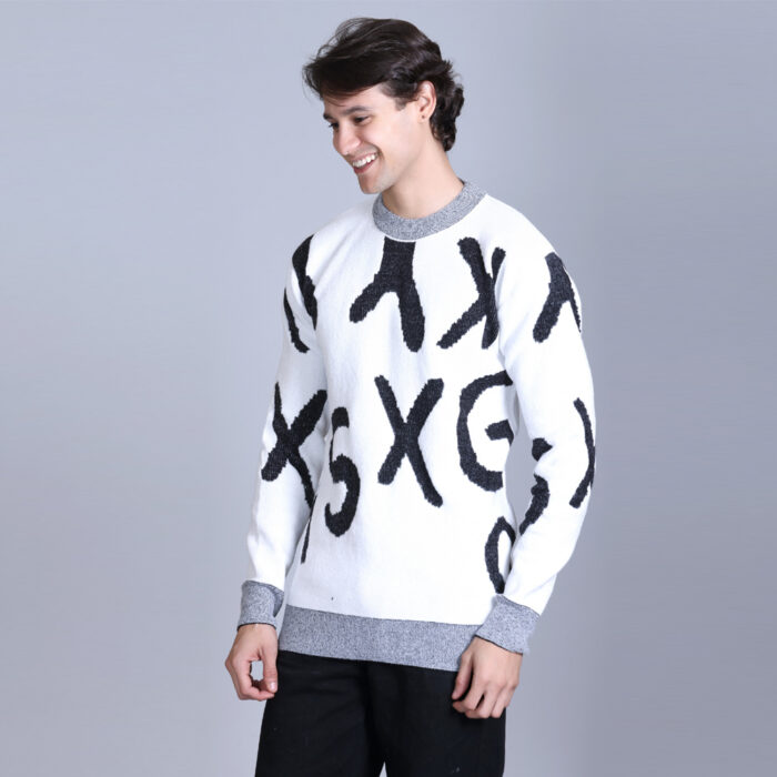 White Black Woolen Round Neck Printed Men Sweaters