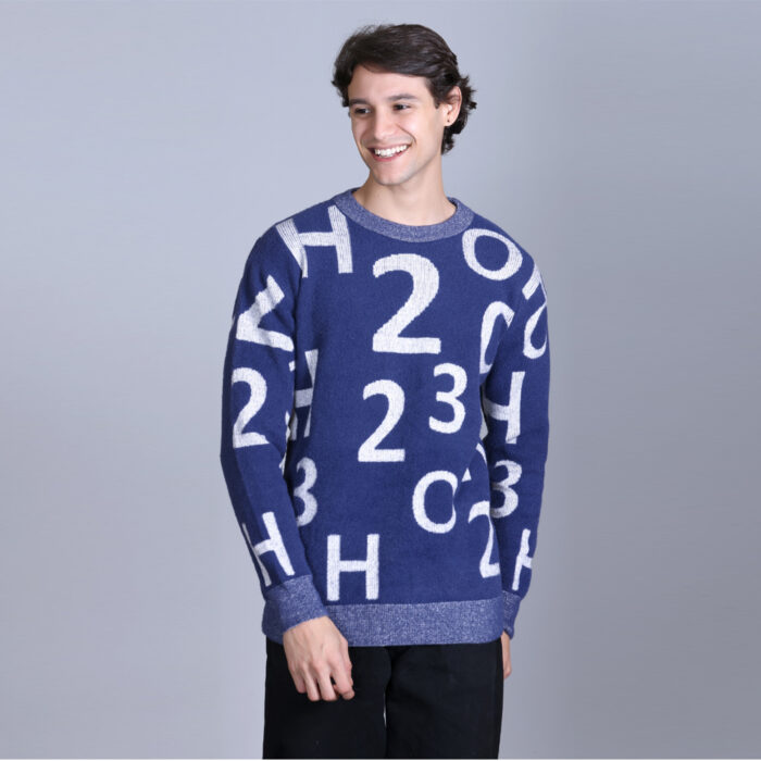 Blue White Woolen Round Neck Printed Men Sweaters