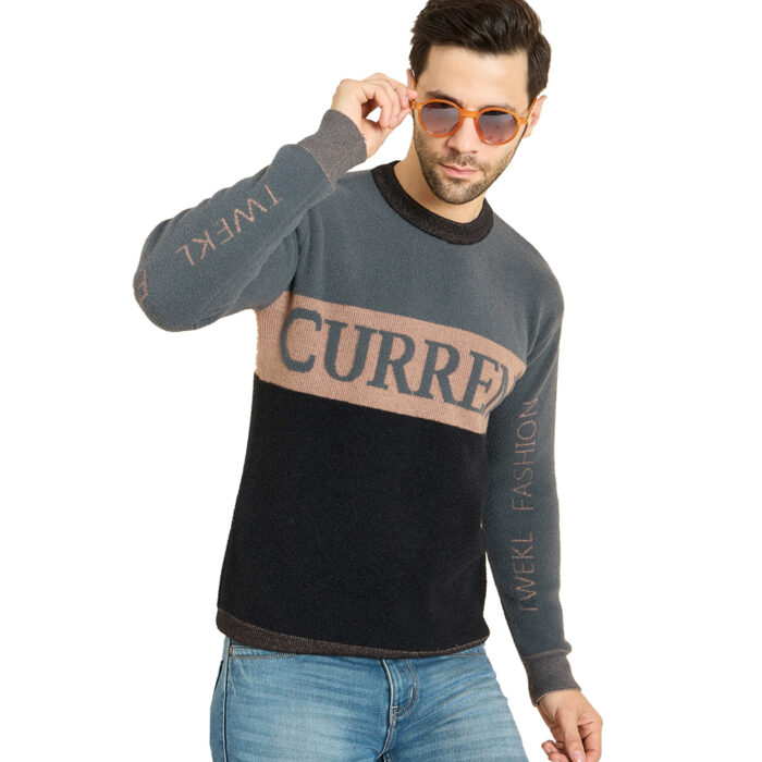 Grey Black Woolen Round Neck Printed Men Sweaters