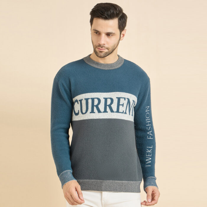 Blue Grey Woolen Round Neck Printed Men Sweaters