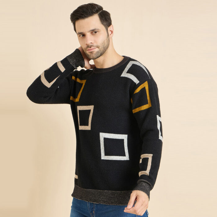 Black Woolen Round Neck Printed Men Sweaters