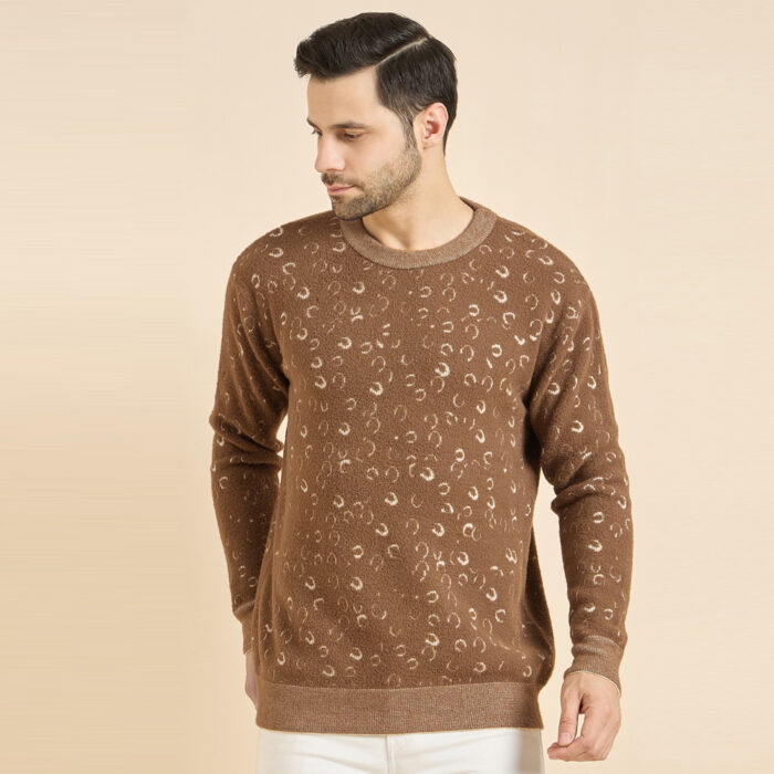 Brown Woolen Round Neck Printed Men Sweaters