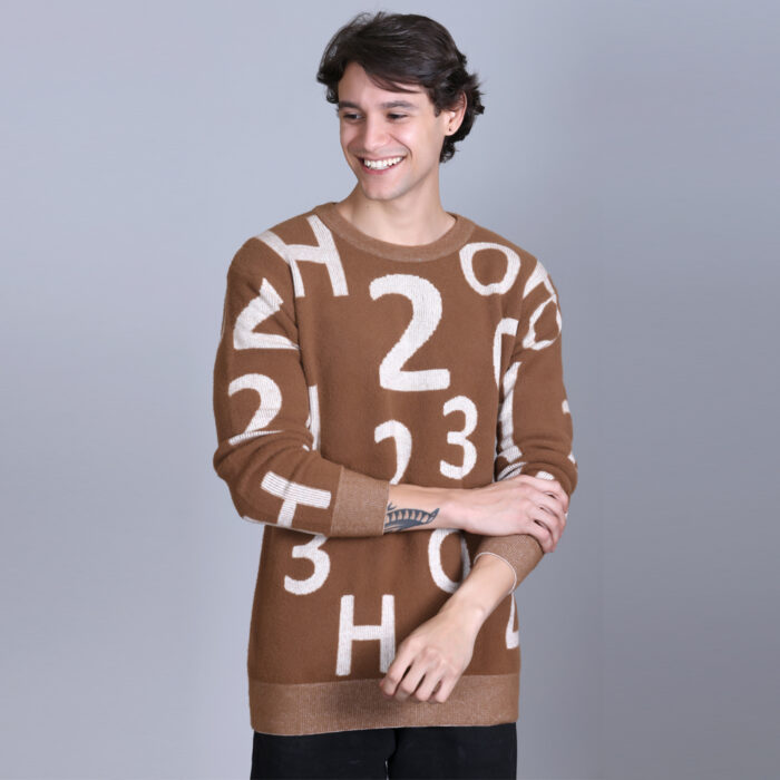 Brown White Woolen Round Neck Printed Men Sweaters