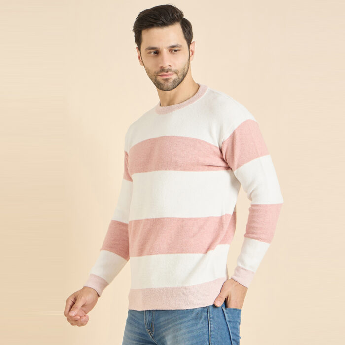 Pink Woolen Round Neck Printed Men Sweaters