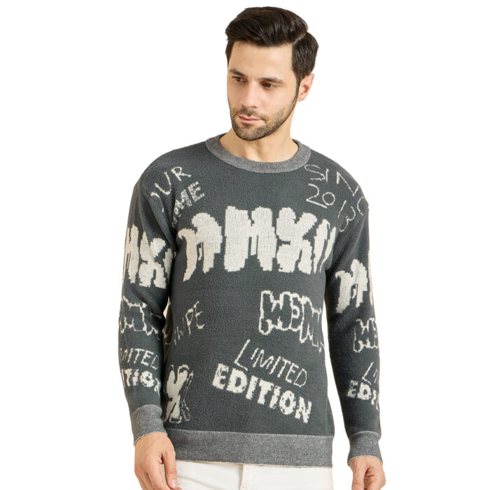 Grey Woolen Round Neck Printed Men Sweaters