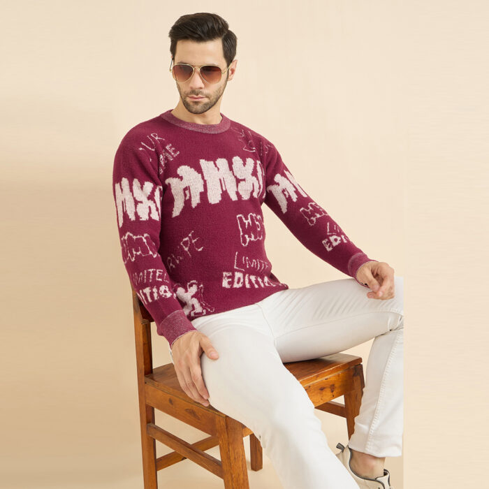 Wine Woolen Round Neck Printed Men Sweaters