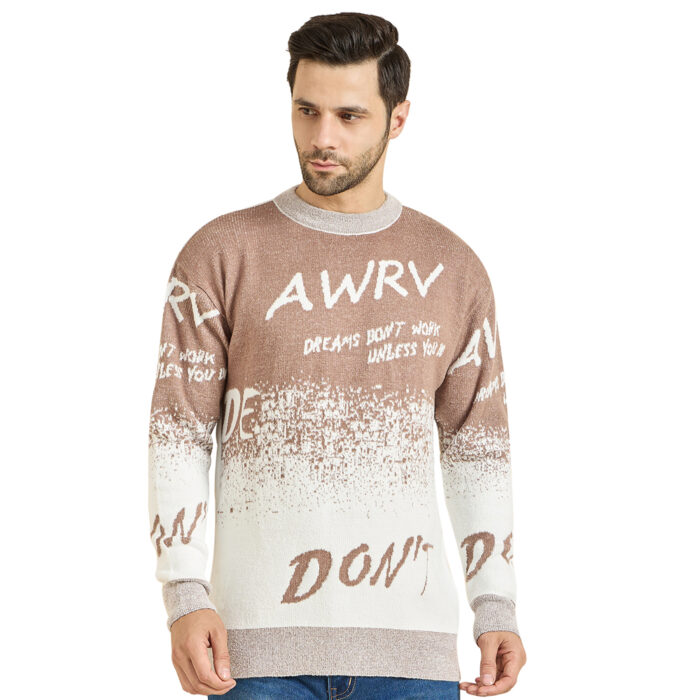 Beige Woolen Round Neck Printed Men Sweaters