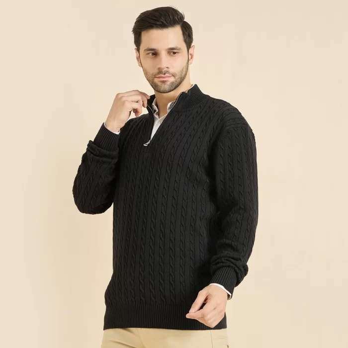 Men's Hunter Black Premium 100% Cotton Cable Knit Sweater - Breathable & Stylish