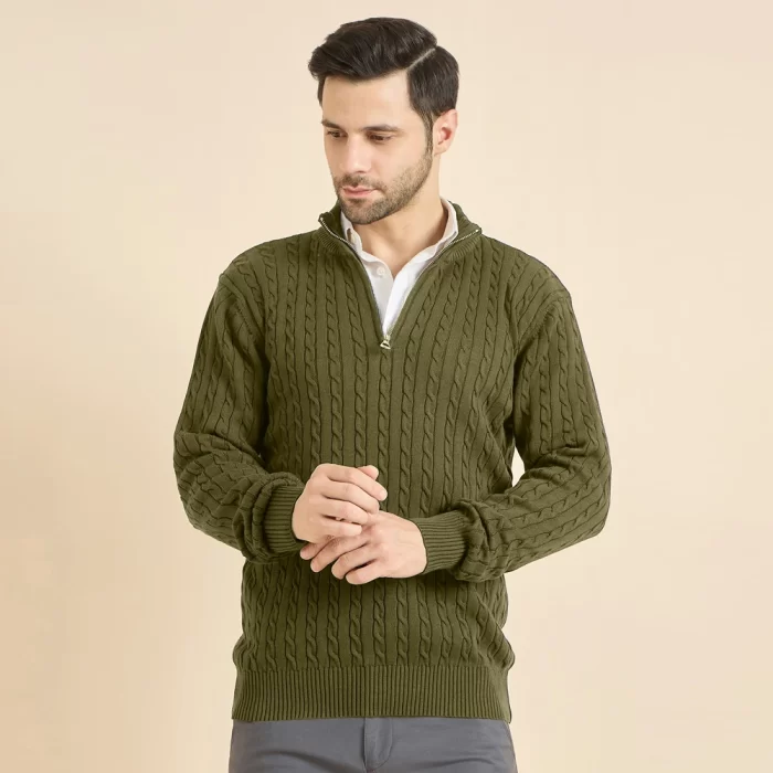 Men's Classic Olive Green Cable Knit Sweater - 100% Cotton, Warm & Durable