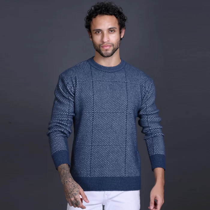 Blue White Woolen Round Neck Printed Men Sweaters