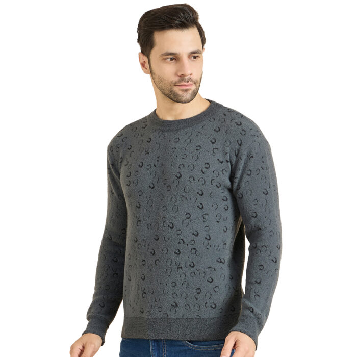 Grey Woolen Round Neck Printed Men Sweaters