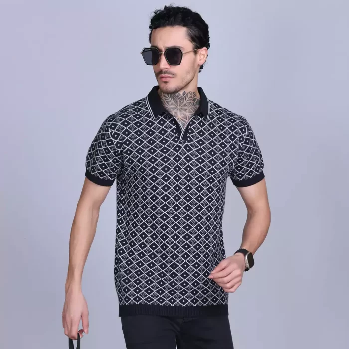 Men's Black Jacquard Polo T-Shirt – Elegant Patterns, Comfortable Cotton, Casual Wear