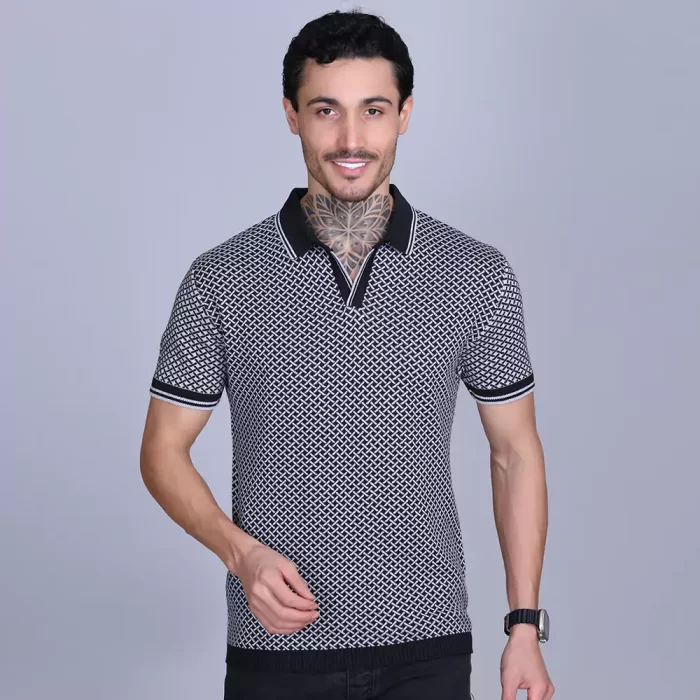 Premium Men's Black Knit Polo T-Shirt – Classic Fit, Breathable Jacquard Fabric