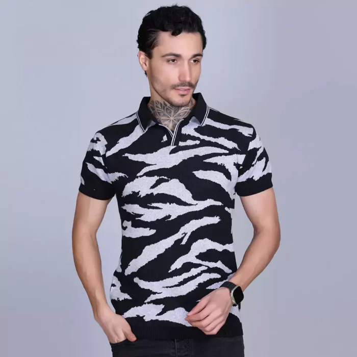 Stylish Men's Black Knitted Polo T-Shirt – Soft Cotton, Half Sleeve, Printed Texture