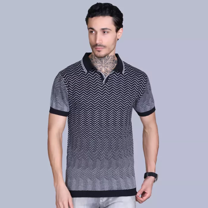 Men's Solid Black Knit Jacquard Polo T-Shirt - Premium Cotton, Textured Design, Regular Fit, Casual Wear