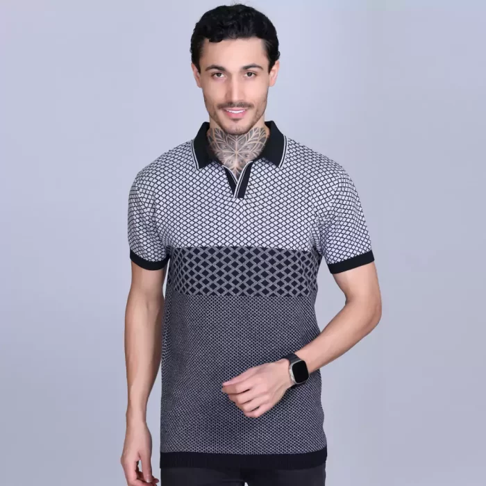 Lightweight Men's Black Polo Tee – Cotton Jacquard Texture, Casual & Office Wear