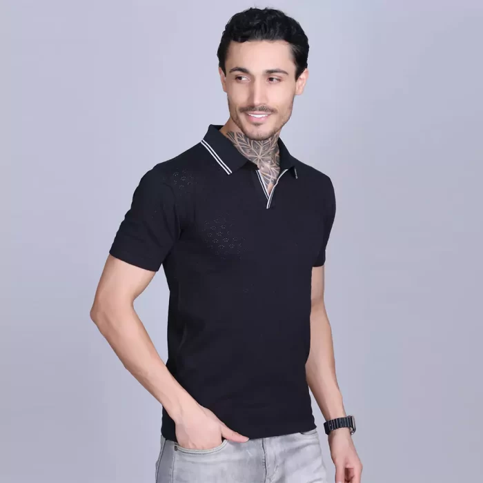 Men's Black Cotton Jacquard Polo T-Shirt – Minimalist Style, Soft Fabric, Half Sleeve