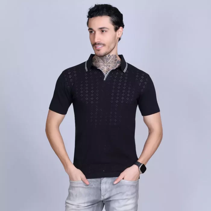 Men's Black Flat Knit Polo T-Shirt – Smart Casual, Regular Fit, All-Season Comfort