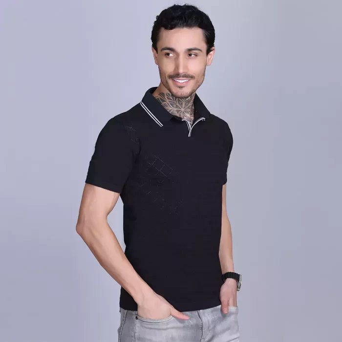 Exclusive Men's Black Jacquard Polo T-Shirt – Premium Cotton, Unique Texture, Casual Fit