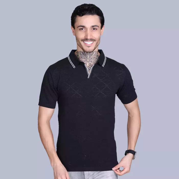 Casual Black Flat Knit Polo T-Shirt - Slim Fit, pointelle Design