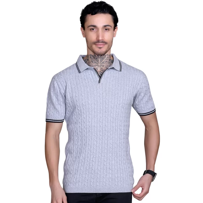 Cable Knit Polo T-Shirts for Men Grey Color