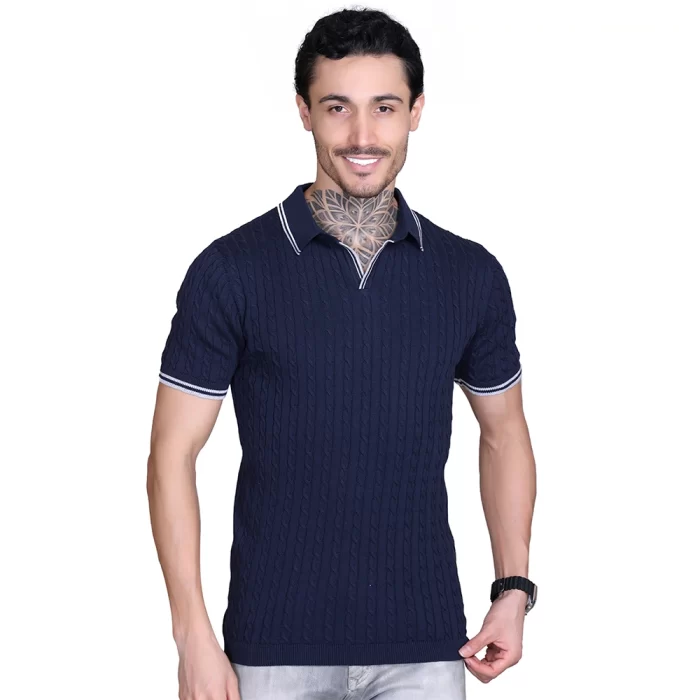 Cable Knit Polo T-Shirts for Men Navy Color