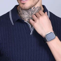 Cable Knit Polo T-Shirts for Men Navy Color - Image 2