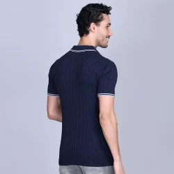 Cable Knit Polo T-Shirts for Men Navy Color - Image 3