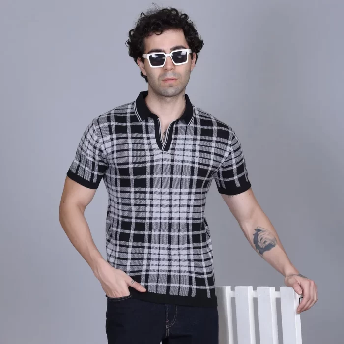 Half Sleeve Polo T-Shirt For Man Check Design - Knitted