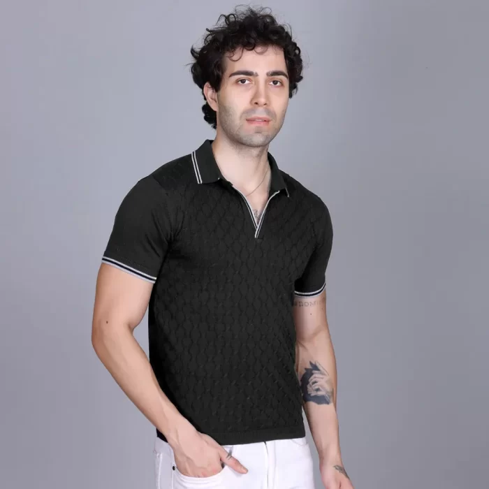 Textured Pointelle Knit Polo Tee