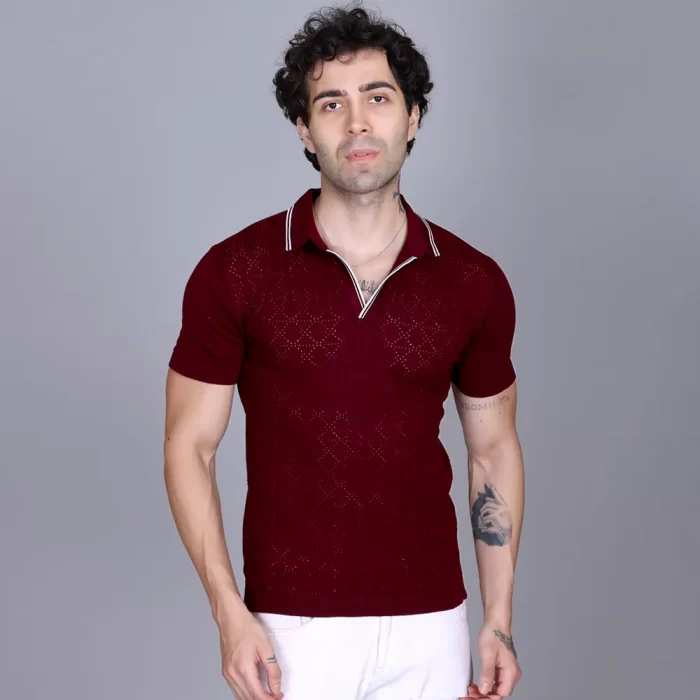 Timeless Ribbed Knit Polo Tee - Maroon Color