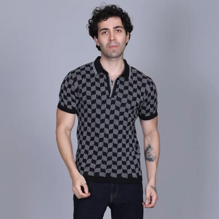 Half Sleeve Knit Polo T-Shirt For Man Check Design