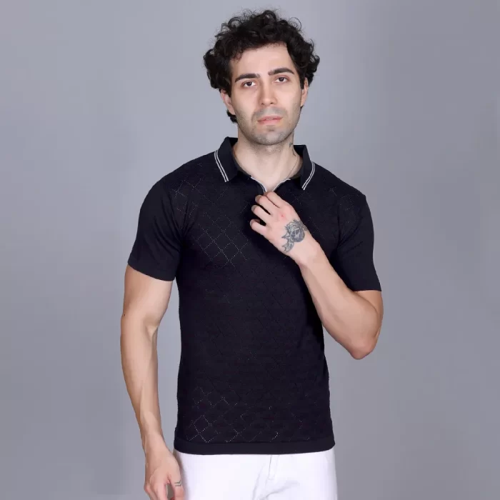 Black Knit Polo T-Shirt – Classic & Versatile