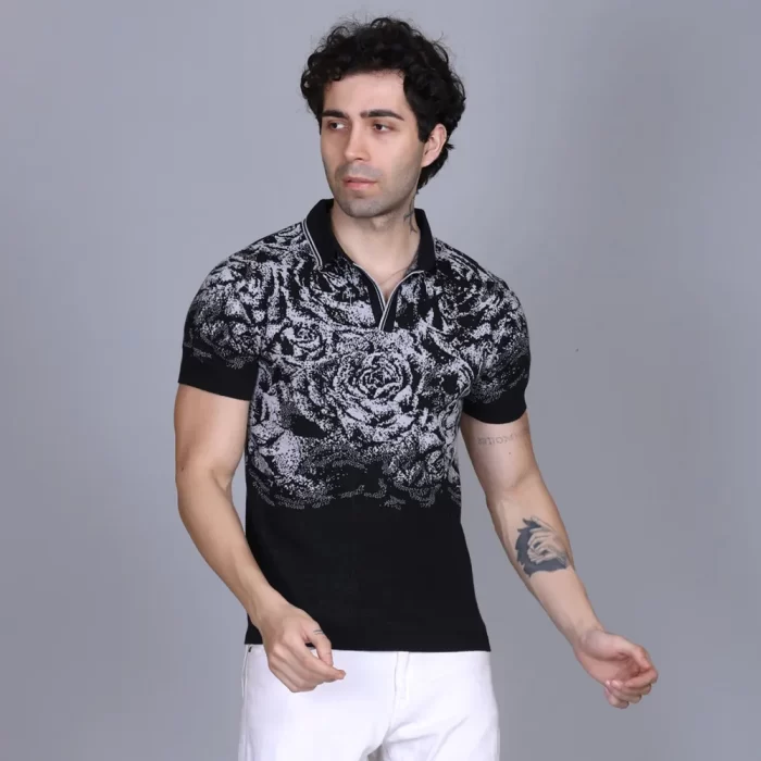 Men's Knit Polo Shirt - Floral Design