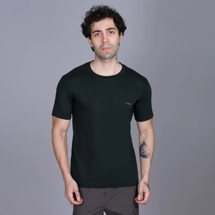Men’s Olive Plain Cotton T-Shirt - Round Neck, Half Sleeve, Regular Fit